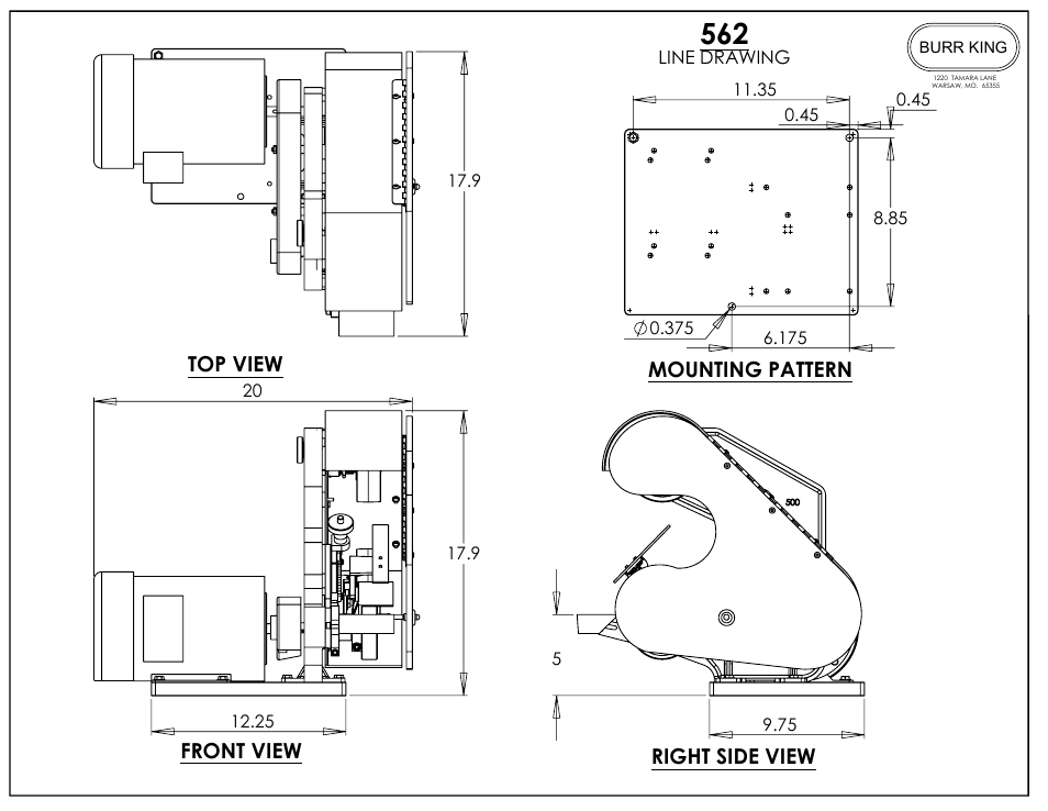 Front view, Right side view, Top view mounting pattern | Burr King Model 562 User Manual | Page 16 / 16
