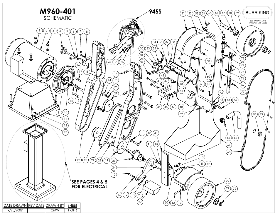 945s, Schematic, See pages 4 & 5 for electrical | Burr king | Burr King Model 960-401 User Manual | Page 15 / 20