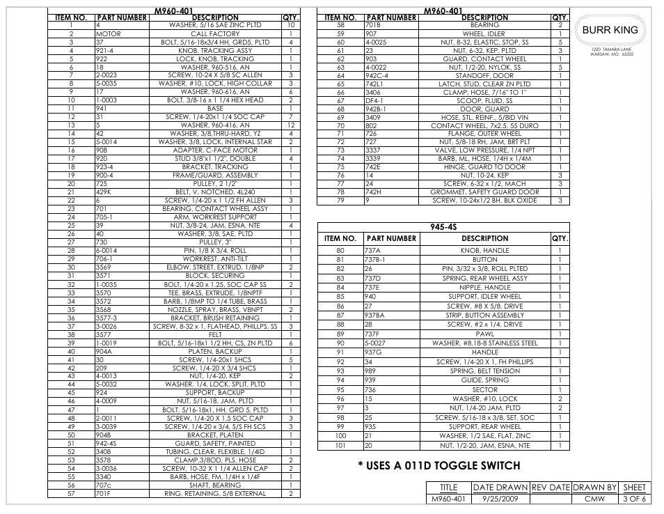 Uses a 011d toggle switch, Burr king | Burr King Model 960-401 User Manual | Page 17 / 20