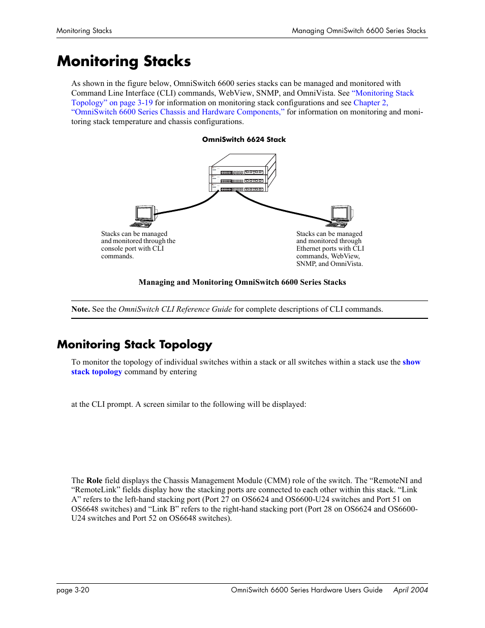 Monitoring stacks, Monitoring stack topology, Monitoring stacks -19 | Monitoring stack topology -19 | Alcatel-Lucent Omni 6624 User Manual | Page 100 / 114