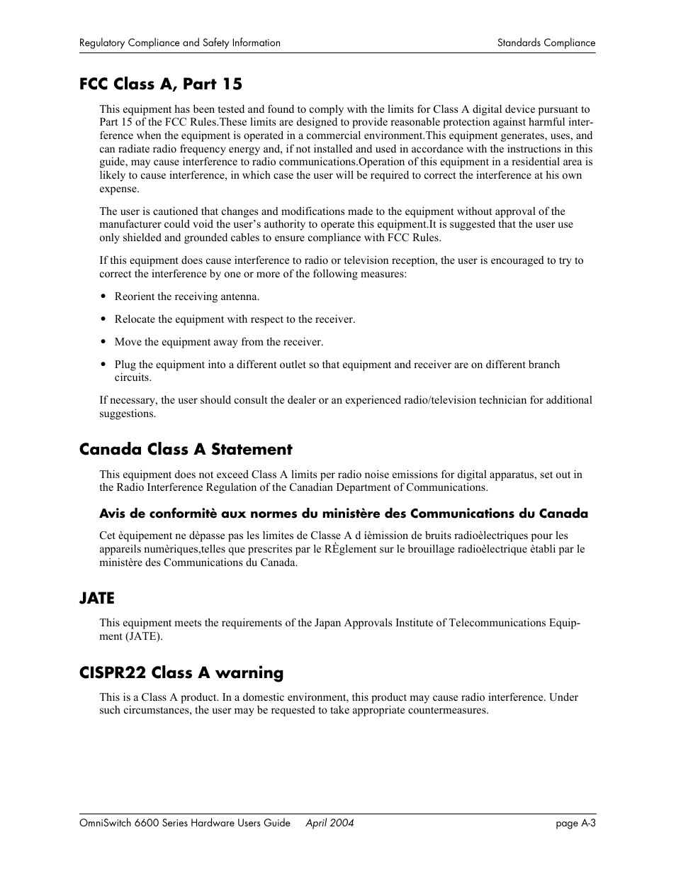 Fcc class a, part 15, Canada class a statement, Jate | Cispr22 class a warning | Alcatel-Lucent Omni 6624 User Manual | Page 105 / 114