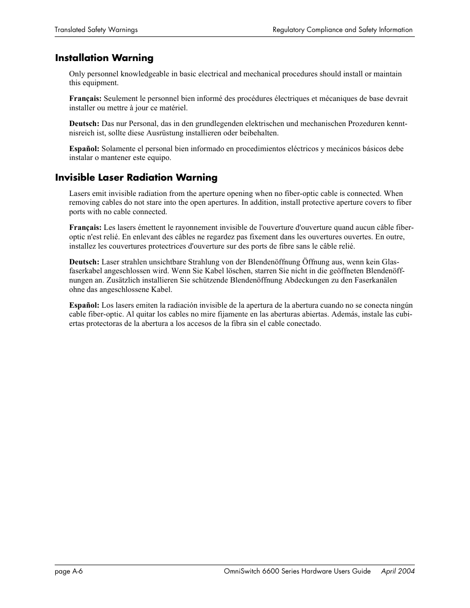 Installation warning, Invisible laser radiation warning | Alcatel-Lucent Omni 6624 User Manual | Page 108 / 114