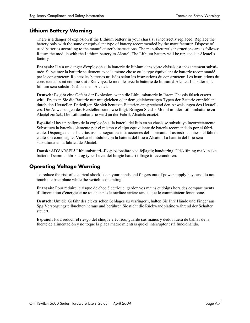 Lithium battery warning, Operating voltage warning | Alcatel-Lucent Omni 6624 User Manual | Page 109 / 114