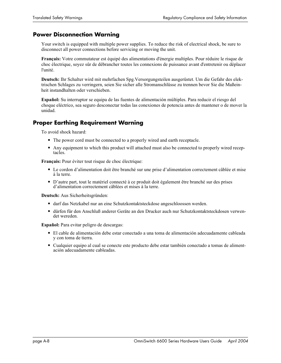 Power disconnection warning, Proper earthing requirement warning | Alcatel-Lucent Omni 6624 User Manual | Page 110 / 114