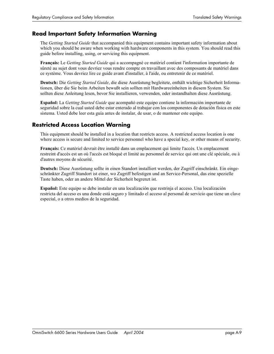 Read important safety information warning, Restricted access location warning | Alcatel-Lucent Omni 6624 User Manual | Page 111 / 114