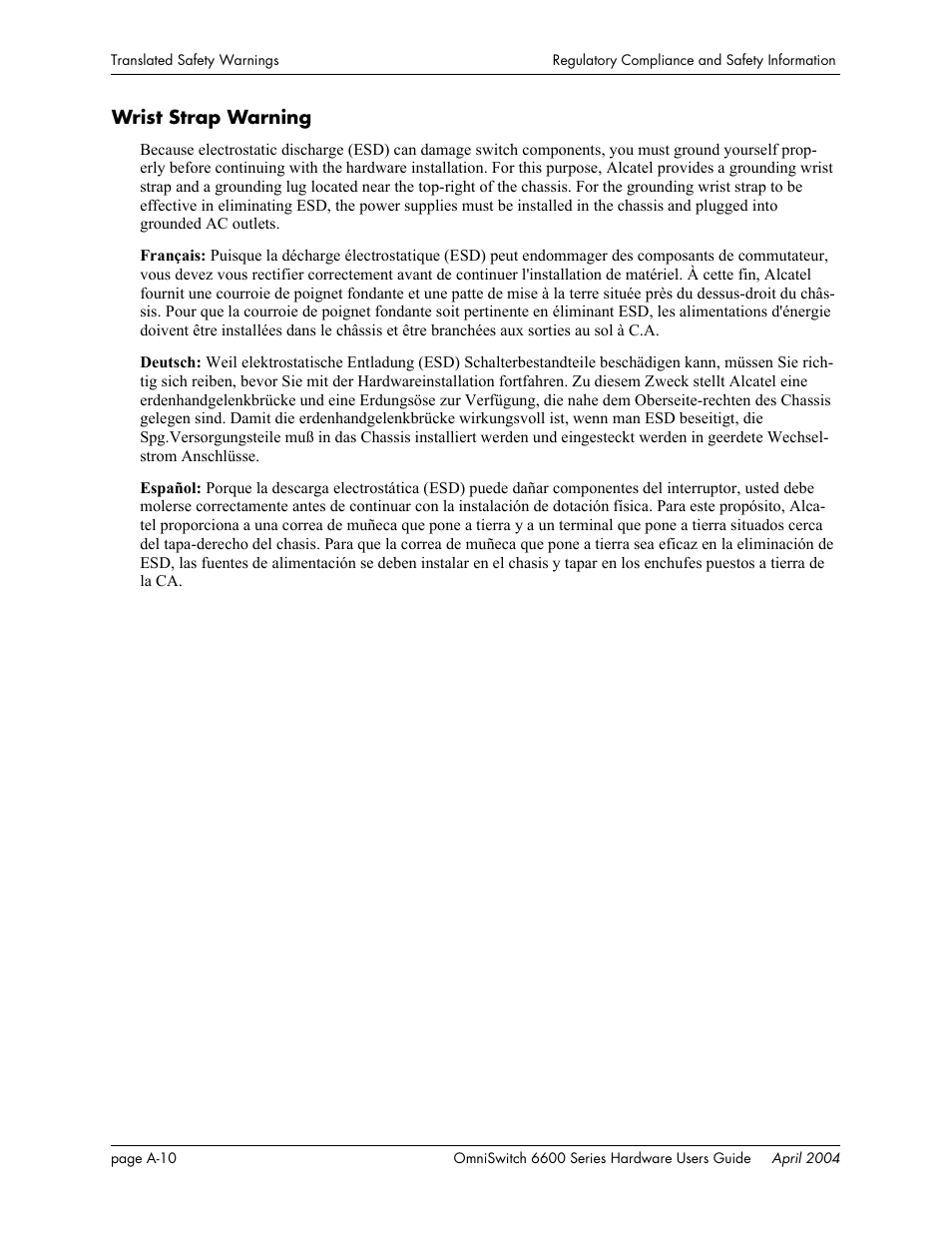 Wrist strap warning | Alcatel-Lucent Omni 6624 User Manual | Page 112 / 114