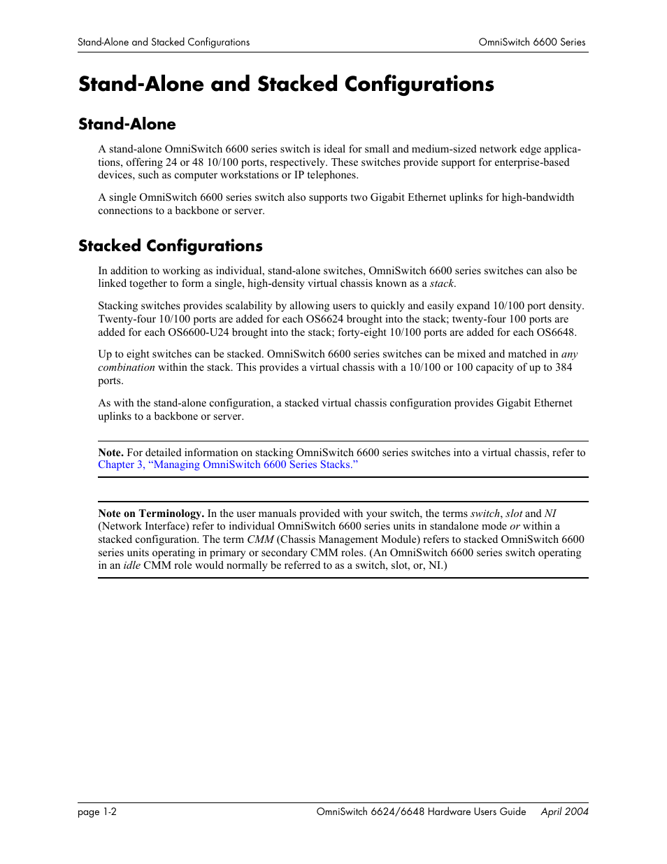 Stand-alone and stacked configurations, Stand-alone, Stacked configurations | Stand-alone and stacked configurations -2, Stand-alone -2 stacked configurations -2 | Alcatel-Lucent Omni 6624 User Manual | Page 14 / 114