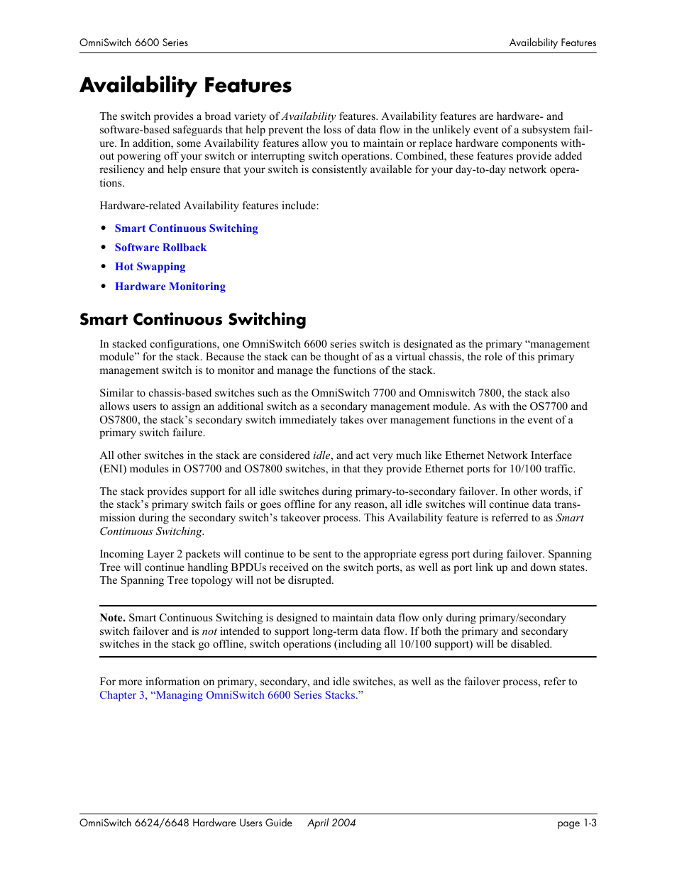 Availability features, Smart continuous switching, Availability features -3 | Smart continuous switching -3 | Alcatel-Lucent Omni 6624 User Manual | Page 15 / 114