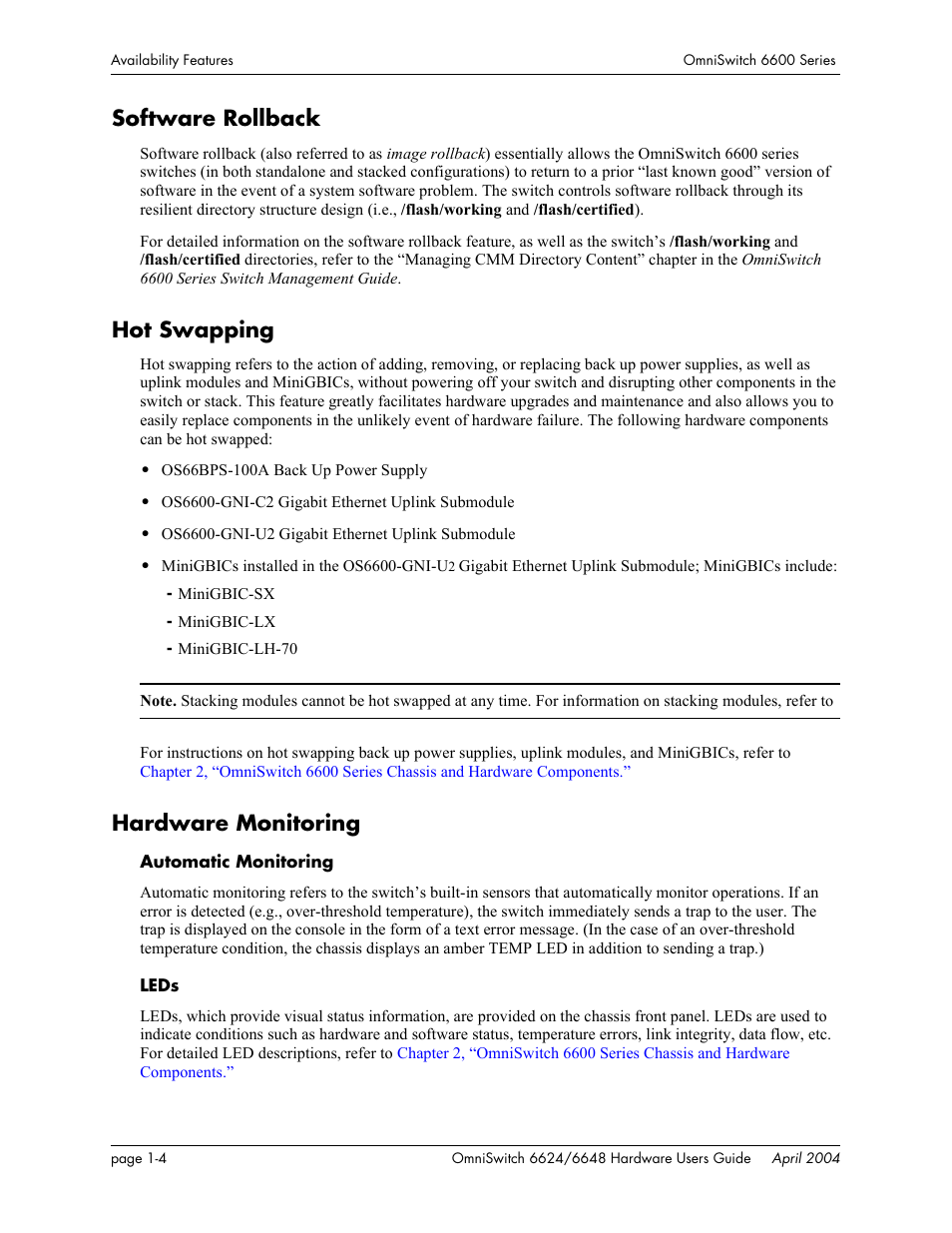 Software rollback, Hot swapping, Hardware monitoring | Alcatel-Lucent Omni 6624 User Manual | Page 16 / 114