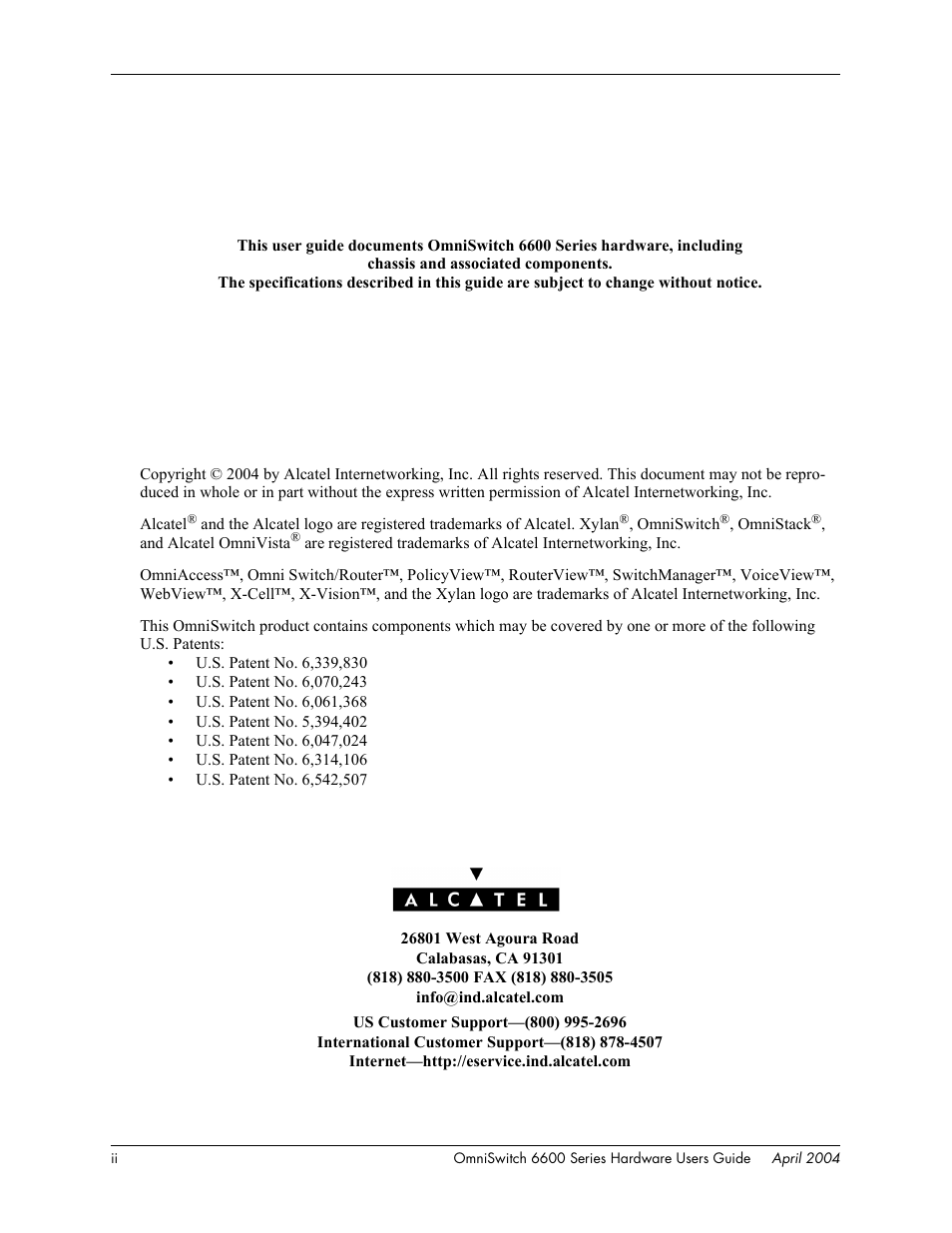 Front matter, Copyright information, Patents | Contacting alcatel | Alcatel-Lucent Omni 6624 User Manual | Page 2 / 114
