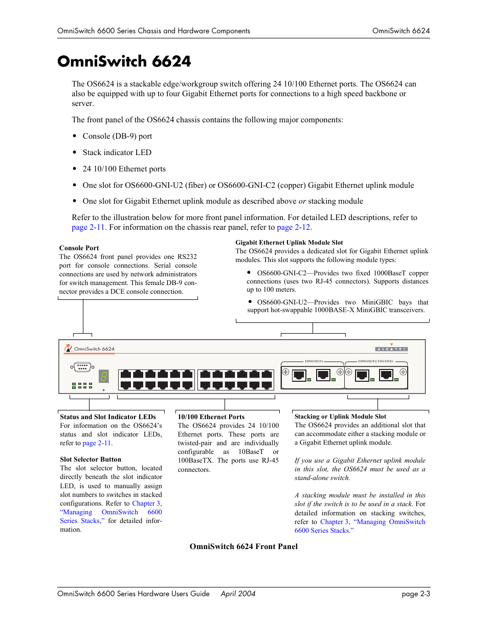 Omniswitch 6624, Omniswitch 6624 -3, Console (db-9) port | Stack indicator led | Alcatel-Lucent Omni 6624 User Manual | Page 23 / 114