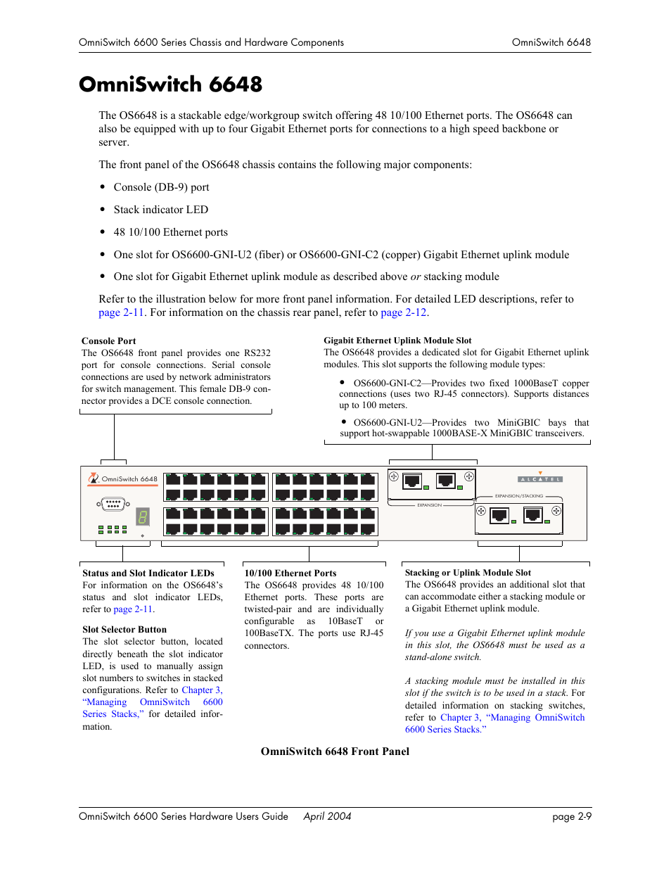 Omniswitch 6648, Omniswitch 6648 -9, Console (db-9) port | Stack indicator led, Stacking or uplink module slot, Gigabit ethernet uplink module slot | Alcatel-Lucent Omni 6624 User Manual | Page 29 / 114