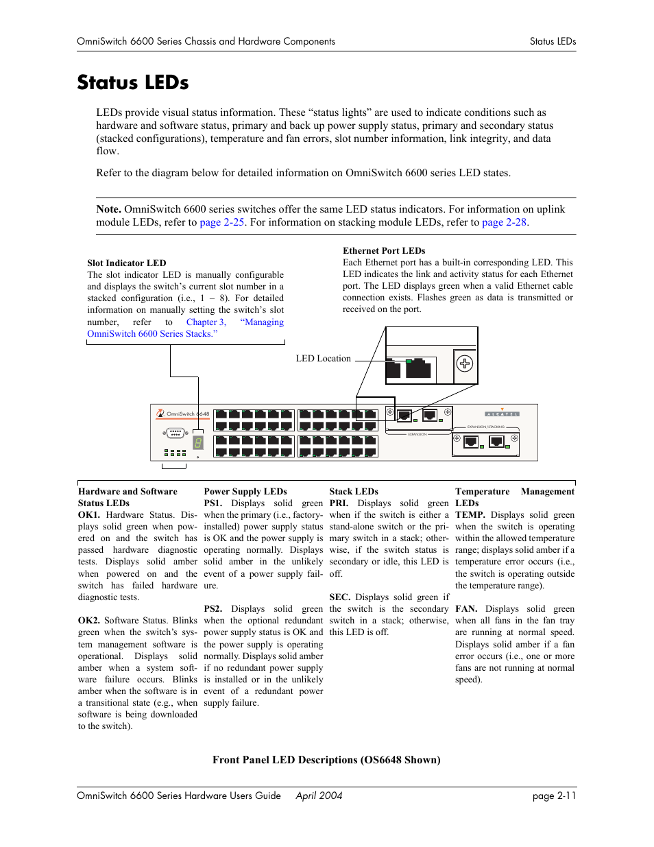 Status leds, Status leds -11 | Alcatel-Lucent Omni 6624 User Manual | Page 31 / 114