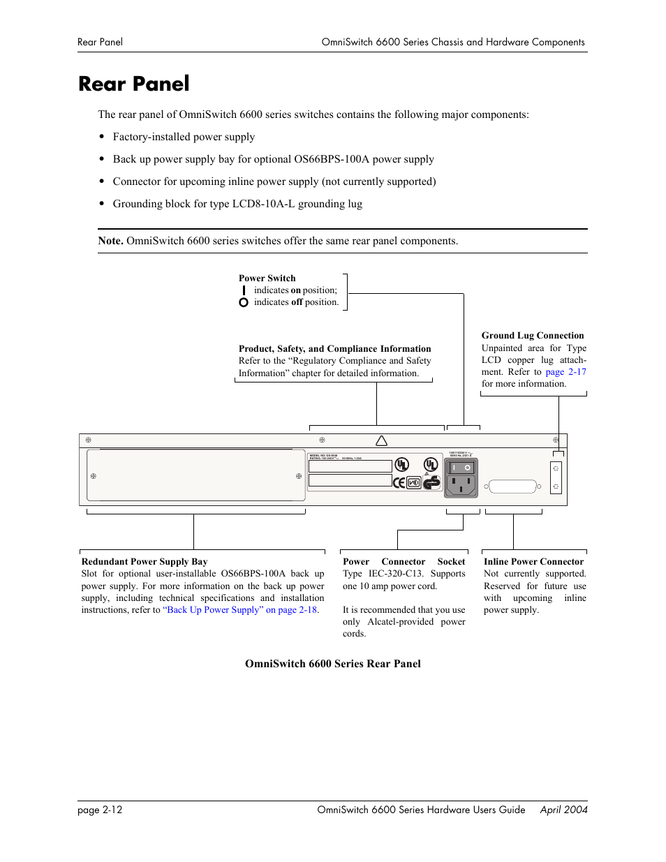 Rear panel, Rear panel -12, Factory-installed power supply | Alcatel-Lucent Omni 6624 User Manual | Page 32 / 114