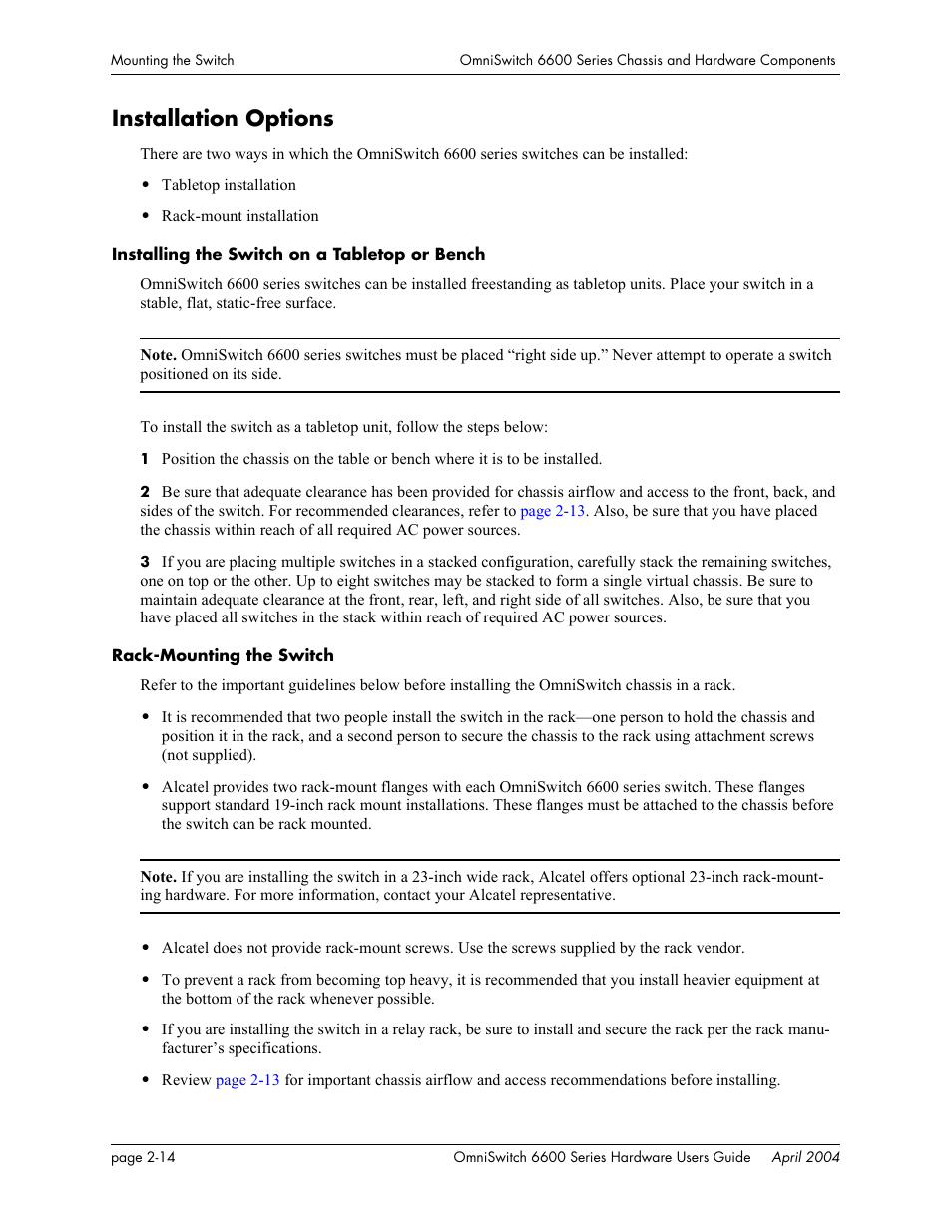 Installation options, Installing the switch on a tabletop or bench, Rack-mounting the switch | Installation options -14 | Alcatel-Lucent Omni 6624 User Manual | Page 34 / 114