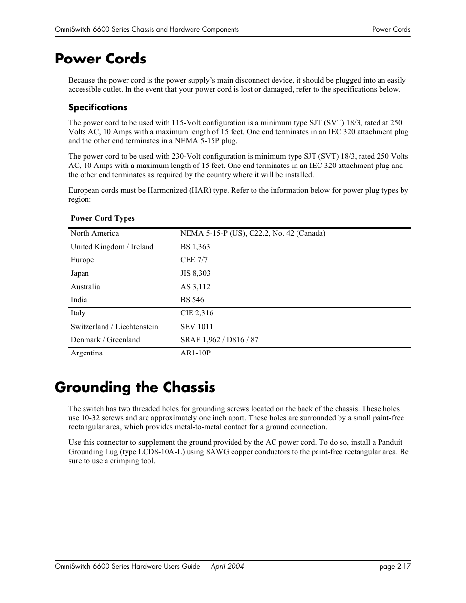 Power cords, Grounding the chassis, Power cords -17 | Grounding the chassis -17 | Alcatel-Lucent Omni 6624 User Manual | Page 37 / 114