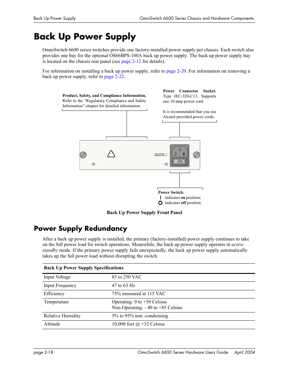 Back up power supply, Power supply redundancy, Back up power supply -18 | Power supply redundancy -18 | Alcatel-Lucent Omni 6624 User Manual | Page 38 / 114