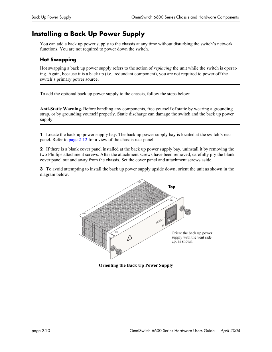 Installing a back up power supply, Installing a back up power supply -20, Hot swapping | Alcatel-Lucent Omni 6624 User Manual | Page 40 / 114