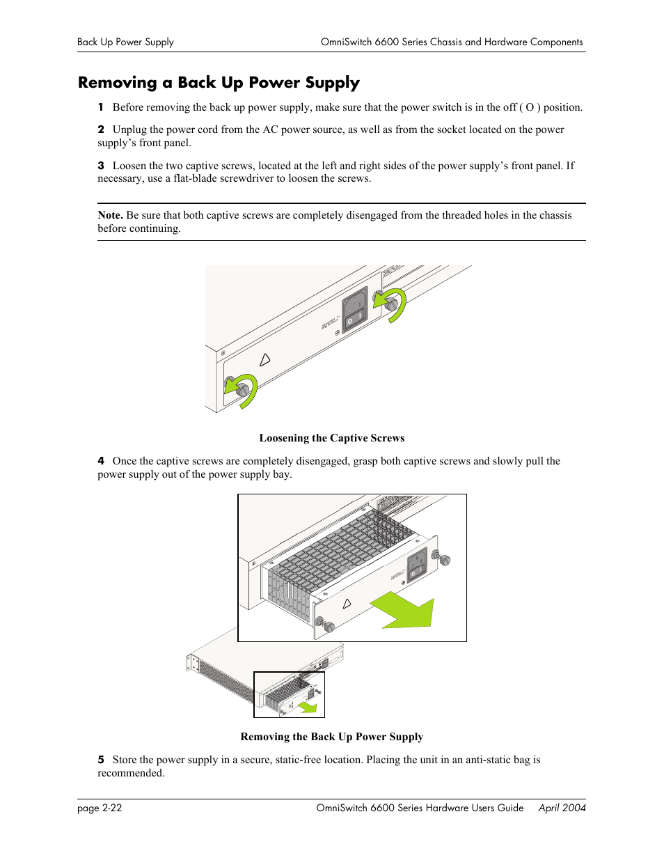 Removing a back up power supply, Removing a back up power supply -22 | Alcatel-Lucent Omni 6624 User Manual | Page 42 / 114