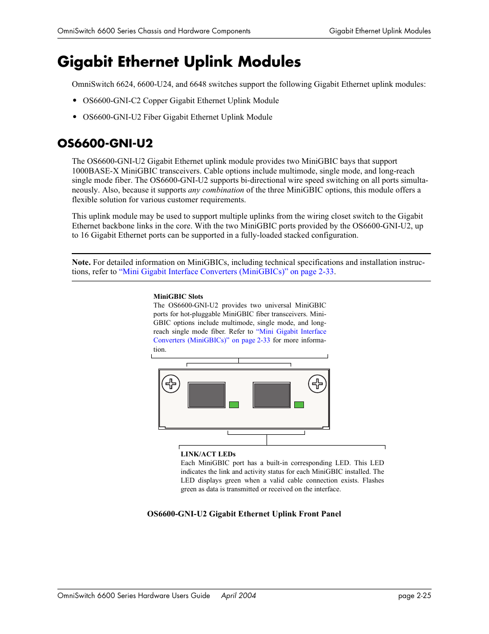 Gigabit ethernet uplink modules, Os6600-gni-u2, Gigabit ethernet uplink modules -25 | Os6600-gni-u2 -25 | Alcatel-Lucent Omni 6624 User Manual | Page 45 / 114