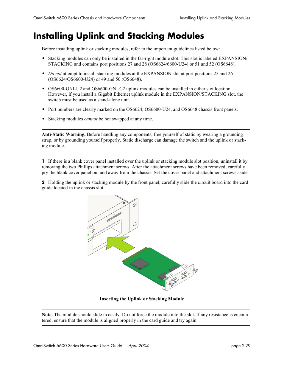 Installing uplink and stacking modules, Installing uplink and stacking modules -29 | Alcatel-Lucent Omni 6624 User Manual | Page 49 / 114