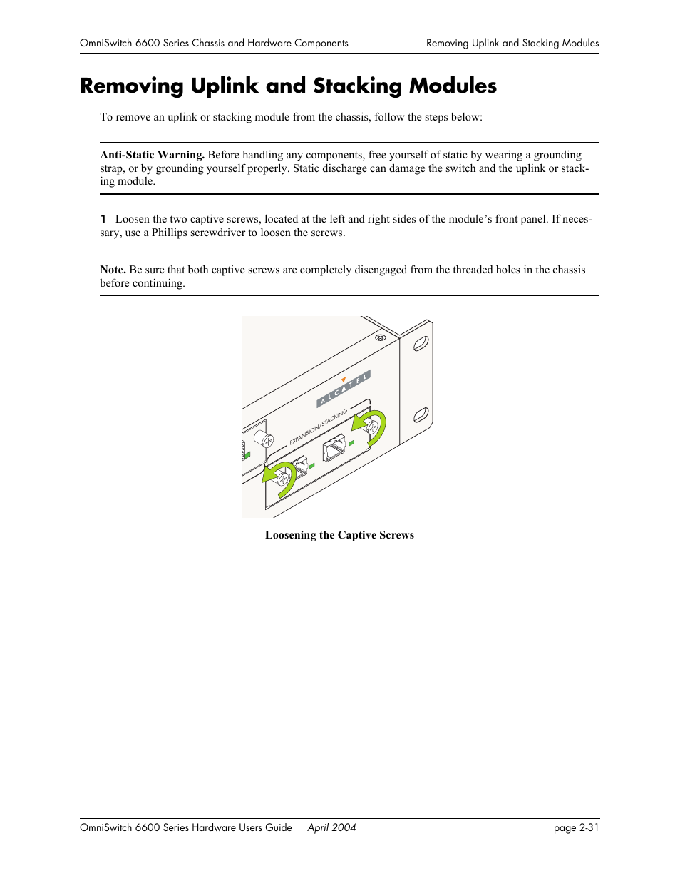 Removing uplink and stacking modules, Removing uplink and stacking modules -31 | Alcatel-Lucent Omni 6624 User Manual | Page 51 / 114