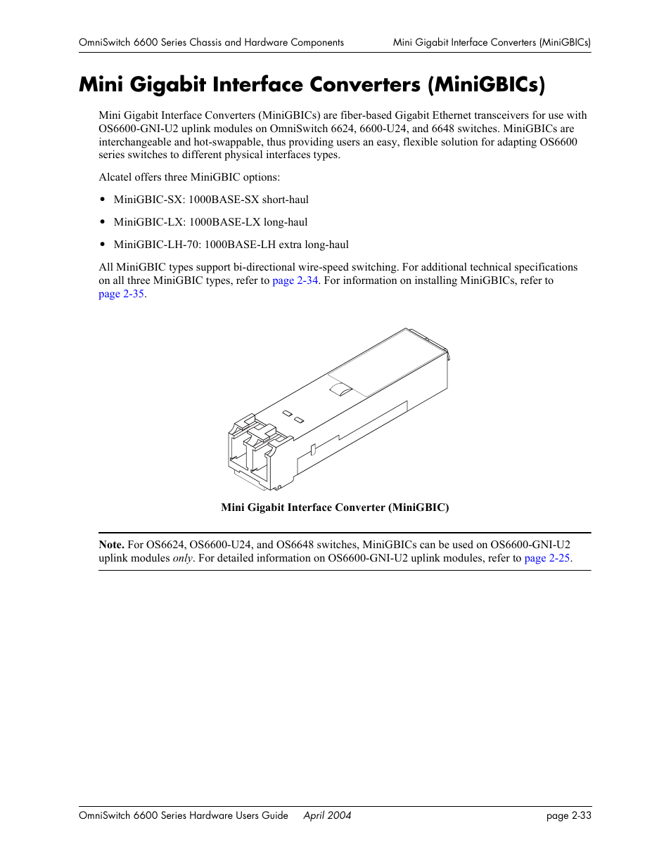 Mini gigabit interface converters (minigbics), Mini gigabit interface converters (minigbics) -33, Mini gigabit interface | Alcatel-Lucent Omni 6624 User Manual | Page 53 / 114