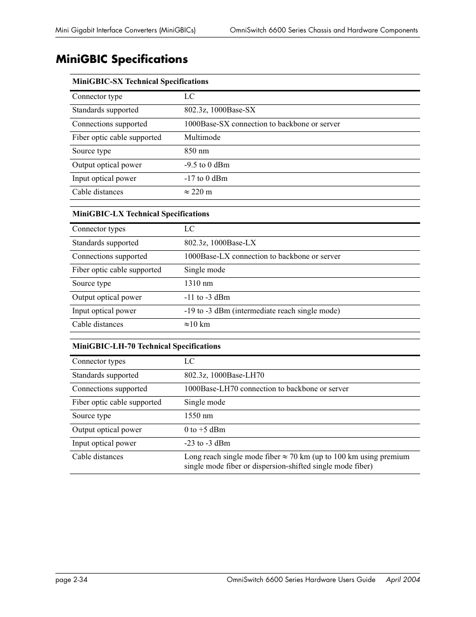 Minigbic specifications, Minigbic specifications -34 | Alcatel-Lucent Omni 6624 User Manual | Page 54 / 114