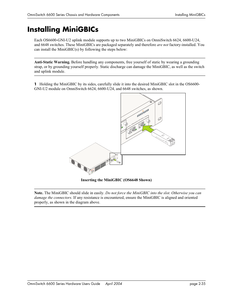 Installing minigbics, Installing minigbics -35 | Alcatel-Lucent Omni 6624 User Manual | Page 55 / 114