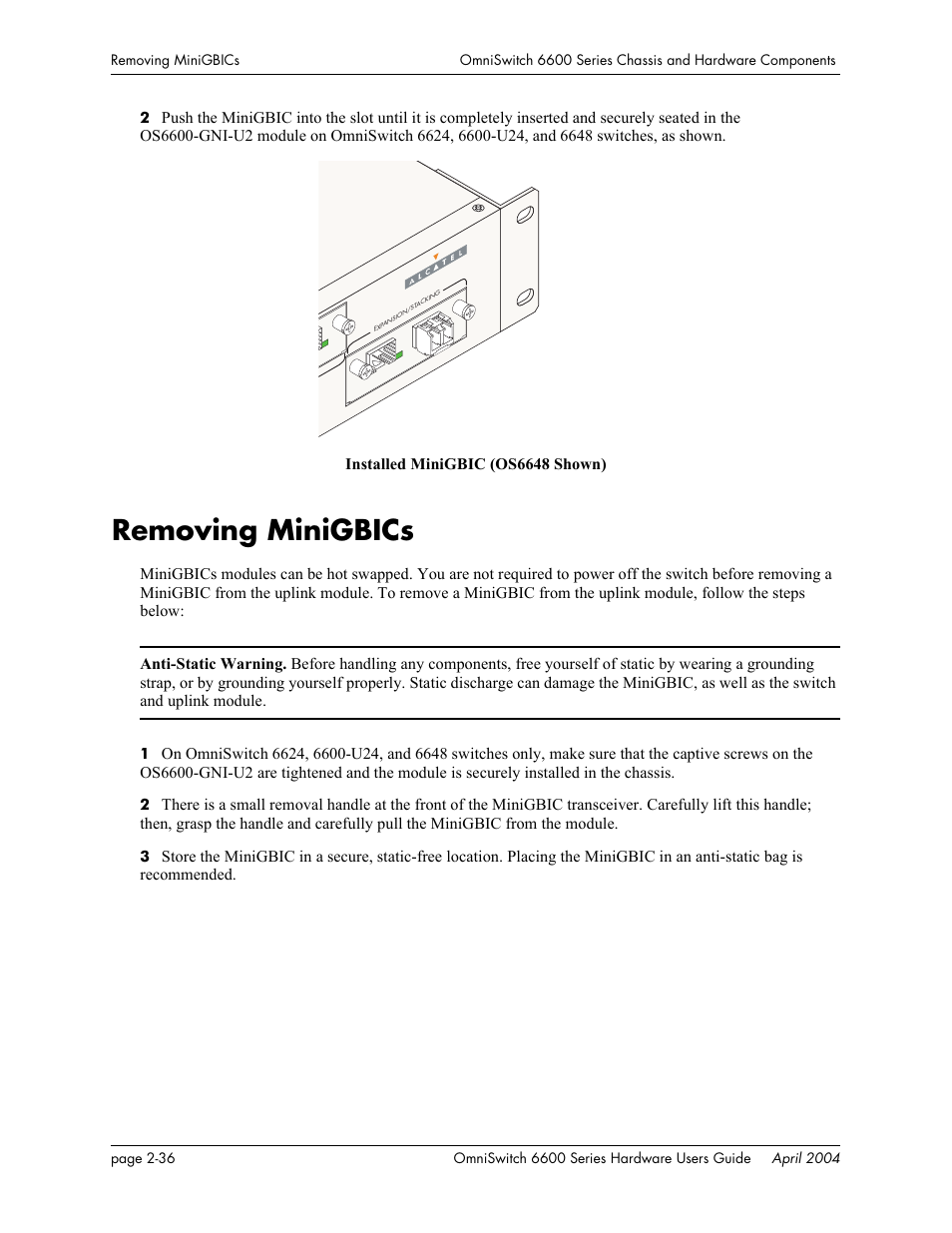 Removing minigbics, Removing minigbics -36 | Alcatel-Lucent Omni 6624 User Manual | Page 56 / 114