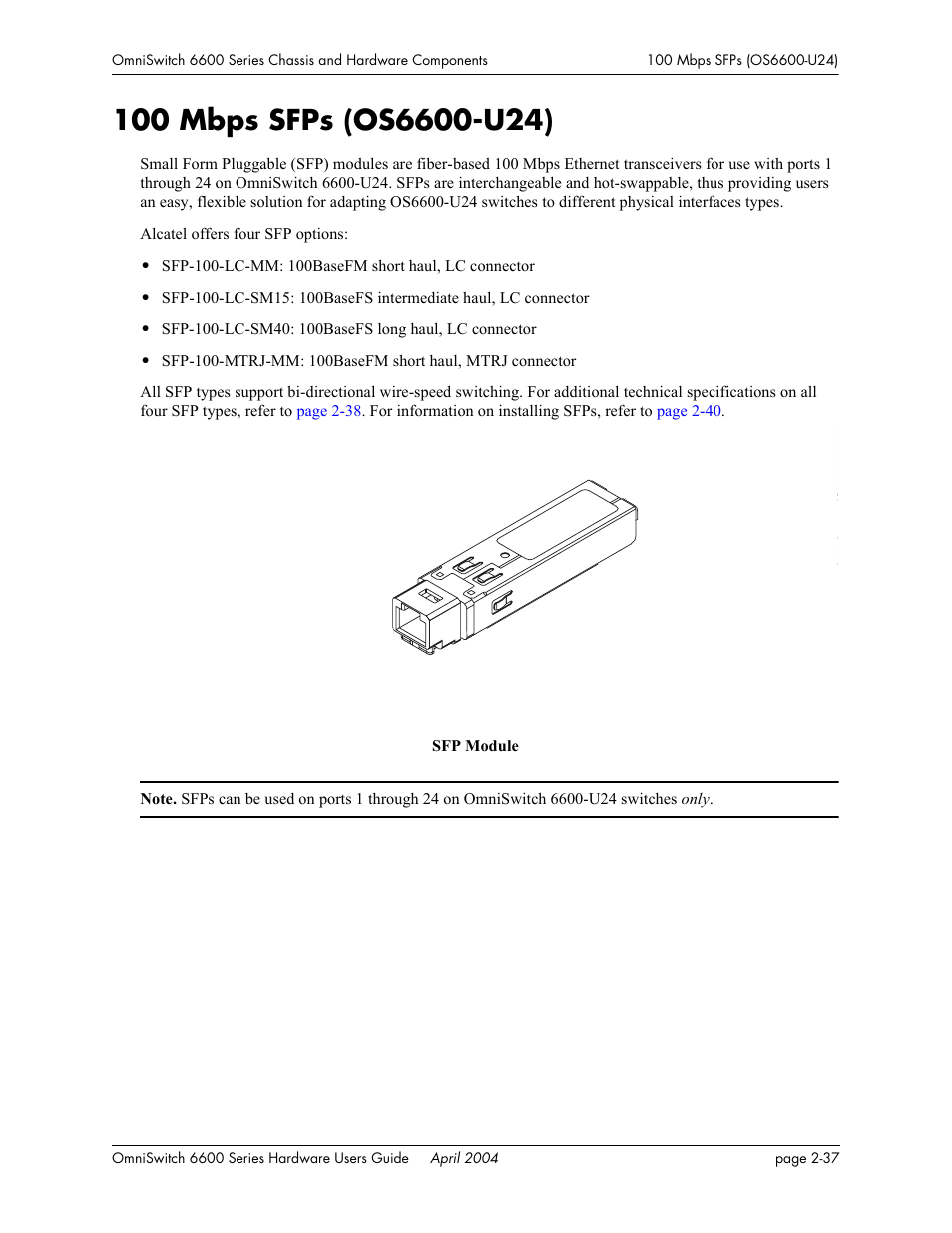 100 mbps sfps (os6600-u24), 100 mbps sfps (os6600-u24) -37 | Alcatel-Lucent Omni 6624 User Manual | Page 57 / 114