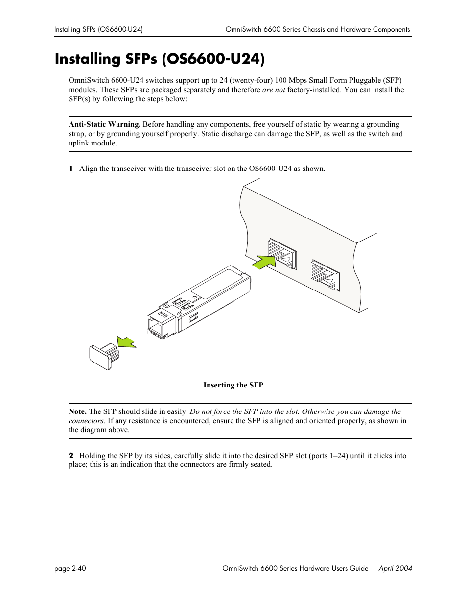 Installing sfps (os6600-u24), Installing sfps (os6600-u24) -40 | Alcatel-Lucent Omni 6624 User Manual | Page 60 / 114
