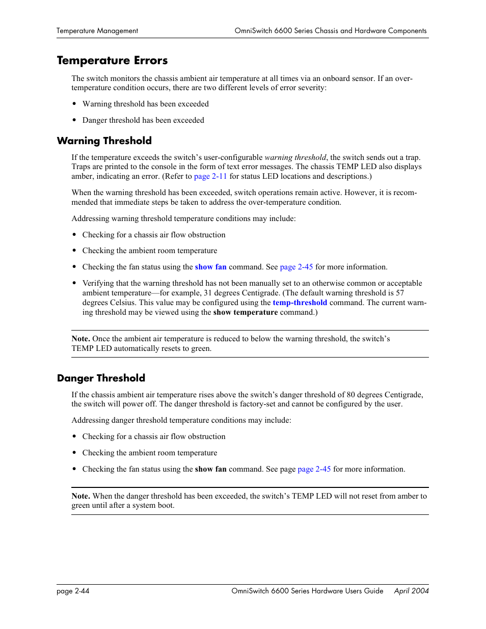 Temperature errors, Warning threshold, Danger threshold | Temperature errors -44, Warning threshold -44 danger threshold -44 | Alcatel-Lucent Omni 6624 User Manual | Page 64 / 114