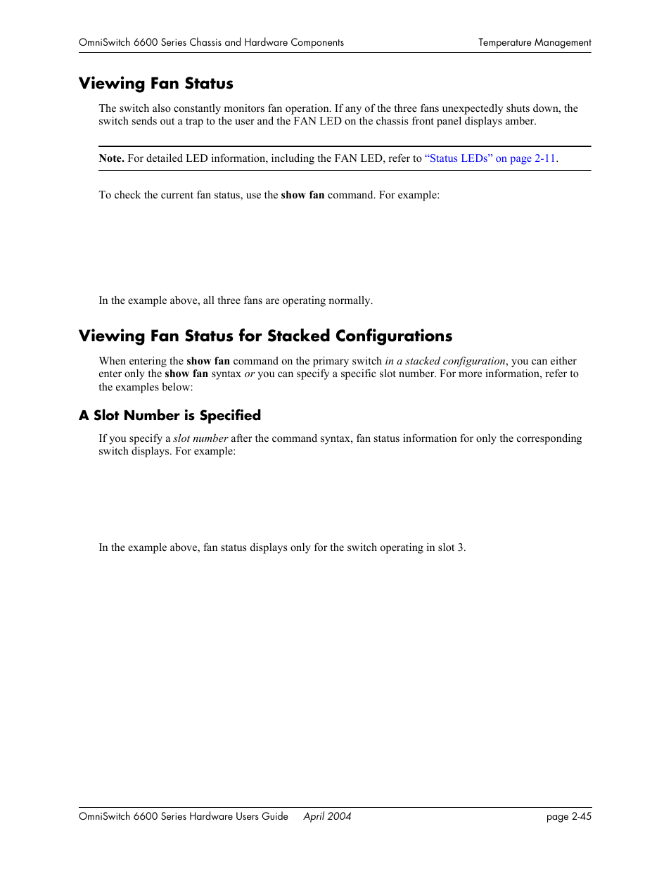 Viewing fan status, Viewing fan status for stacked configurations, A slot number is specified | A slot number is specified -45 | Alcatel-Lucent Omni 6624 User Manual | Page 65 / 114