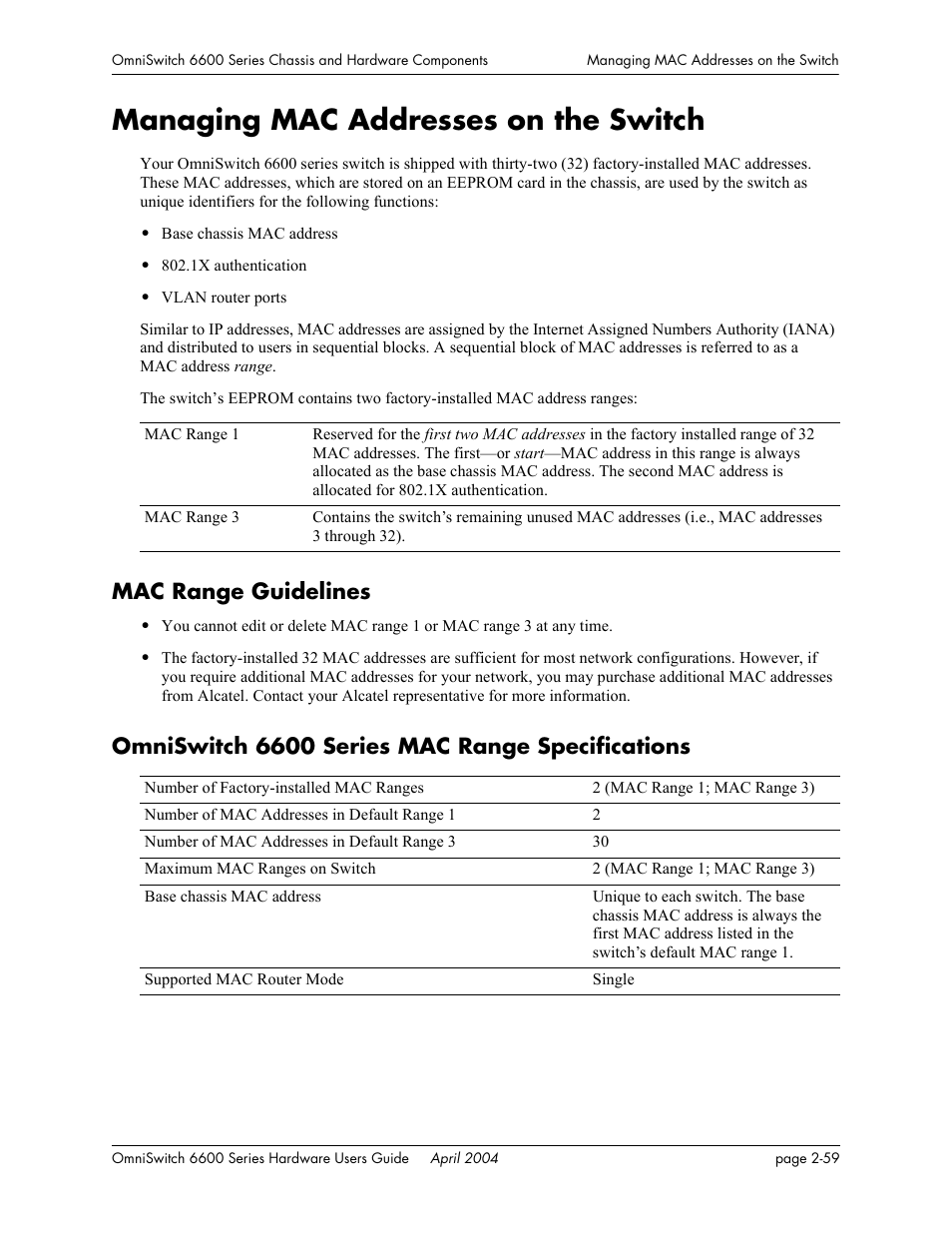 Managing mac addresses on the switch, Mac range guidelines, Omniswitch 6600 series mac range specifications | Managing mac addresses on the switch -59 | Alcatel-Lucent Omni 6624 User Manual | Page 79 / 114