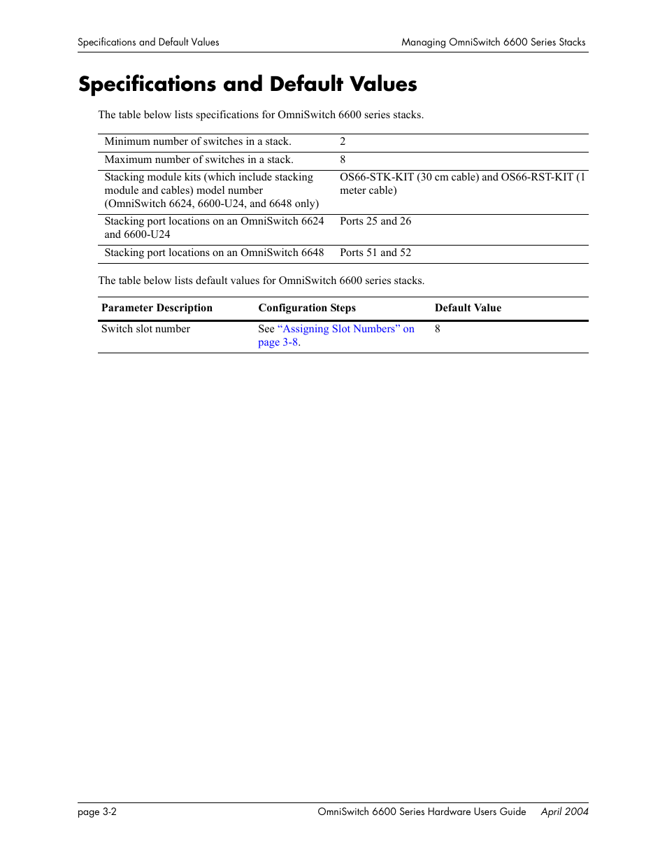 Specifications and default values, Specifications and default values -2 | Alcatel-Lucent Omni 6624 User Manual | Page 82 / 114
