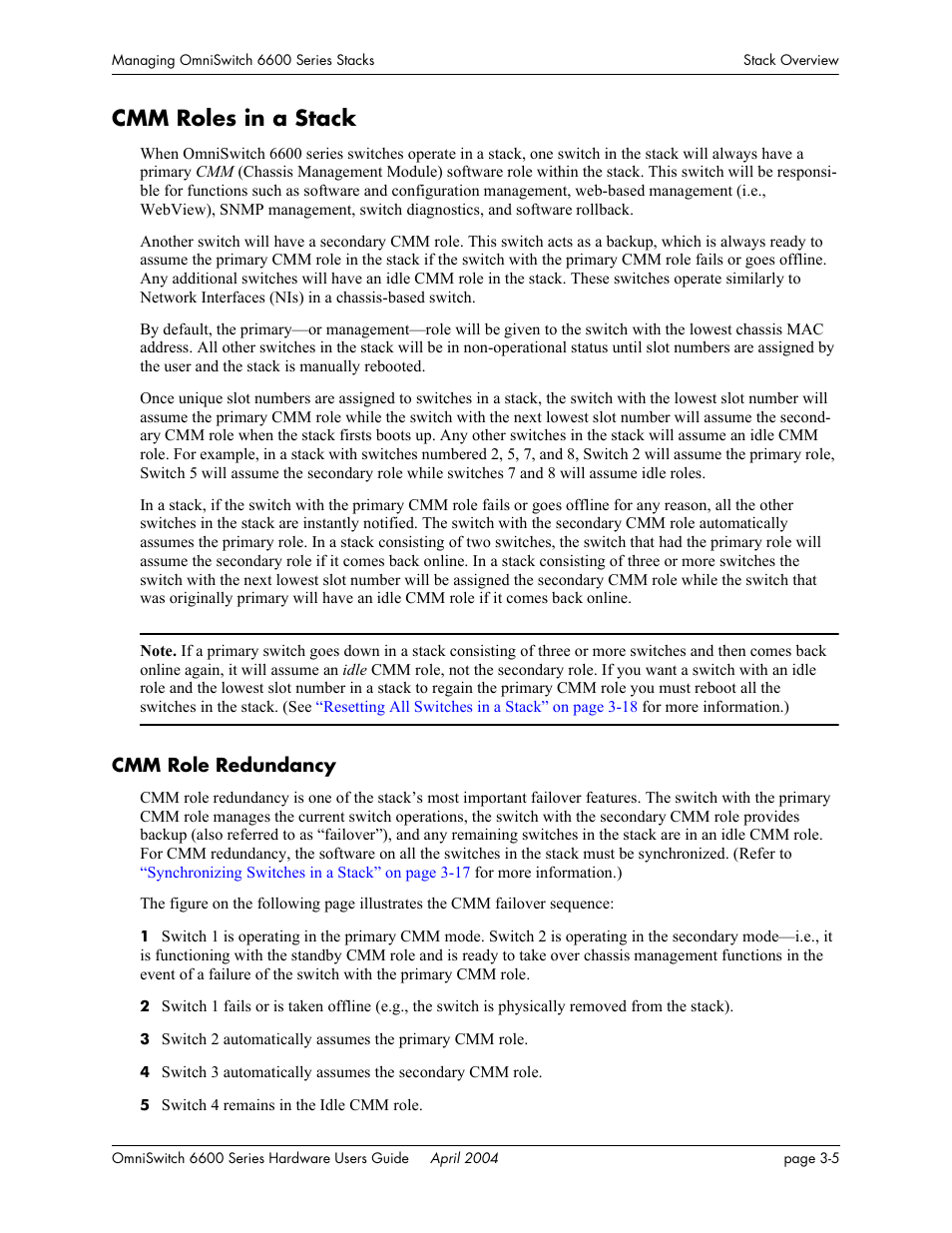 Cmm roles in a stack, Cmm role redundancy, Cmm roles in a stack -5 | Cmm role redundancy -5 | Alcatel-Lucent Omni 6624 User Manual | Page 85 / 114