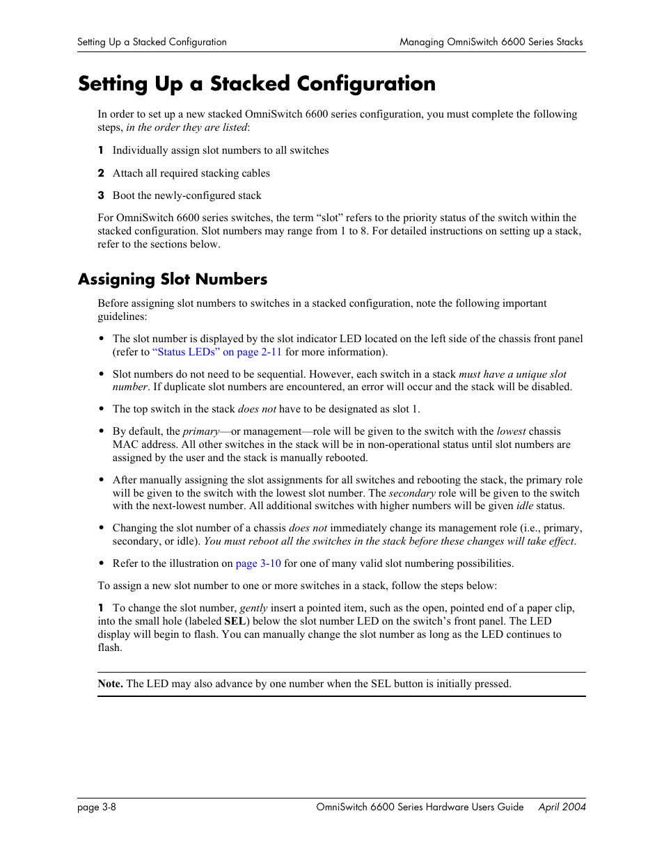 Setting up a stacked configuration, Assigning slot numbers, Setting up a stacked configuration -8 | Assigning slot numbers -8 | Alcatel-Lucent Omni 6624 User Manual | Page 88 / 114