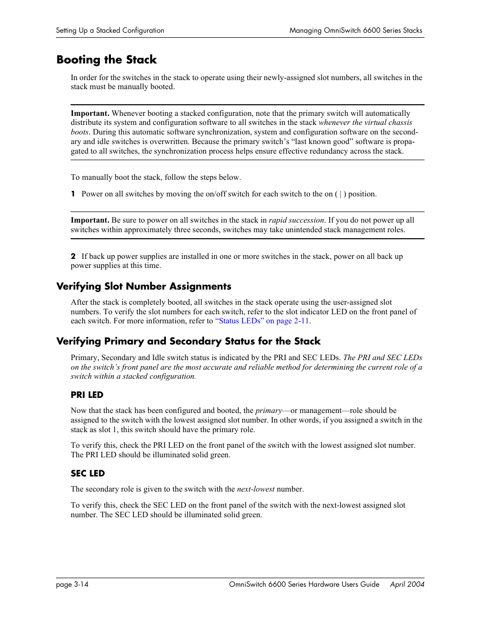 Booting the stack, Verifying slot number assignments, Booting the stack -14 | Alcatel-Lucent Omni 6624 User Manual | Page 94 / 114