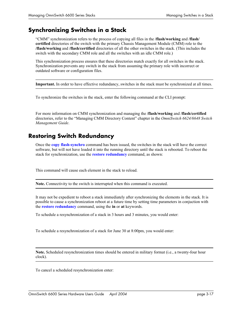 Synchronizing switches in a stack, Restoring switch redundancy, Synchronizing switches in a | Alcatel-Lucent Omni 6624 User Manual | Page 97 / 114
