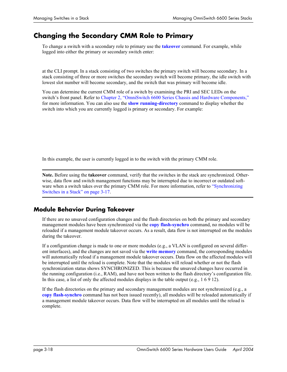 Changing the secondary cmm role to primary, Module behavior during takeover | Alcatel-Lucent Omni 6624 User Manual | Page 98 / 114