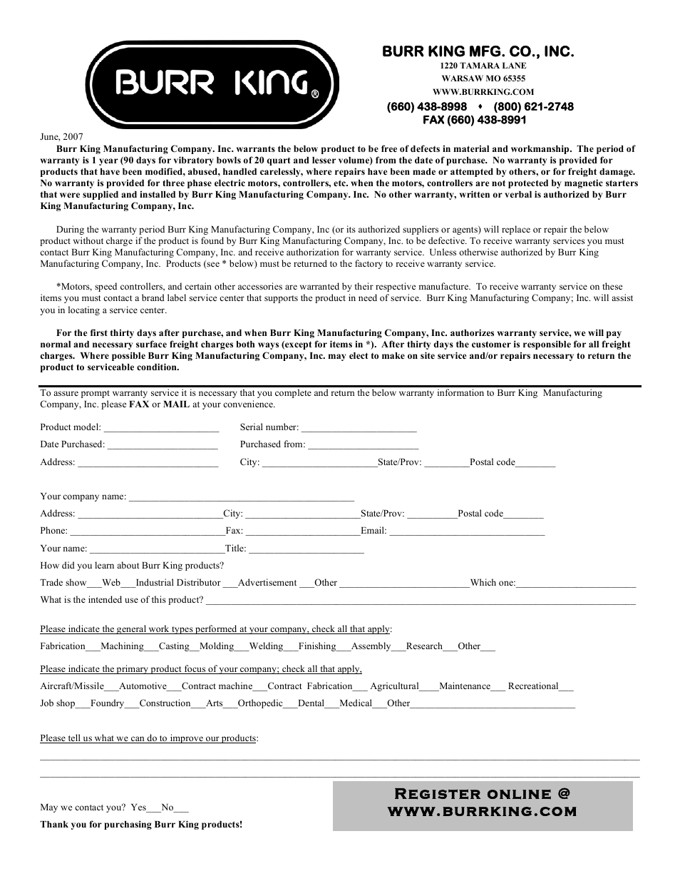 Burr king mfg. co., inc | Burr King Model X400 User Manual | Page 2 / 12