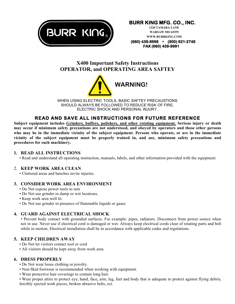 Warning | Burr King Model X400 User Manual | Page 5 / 12