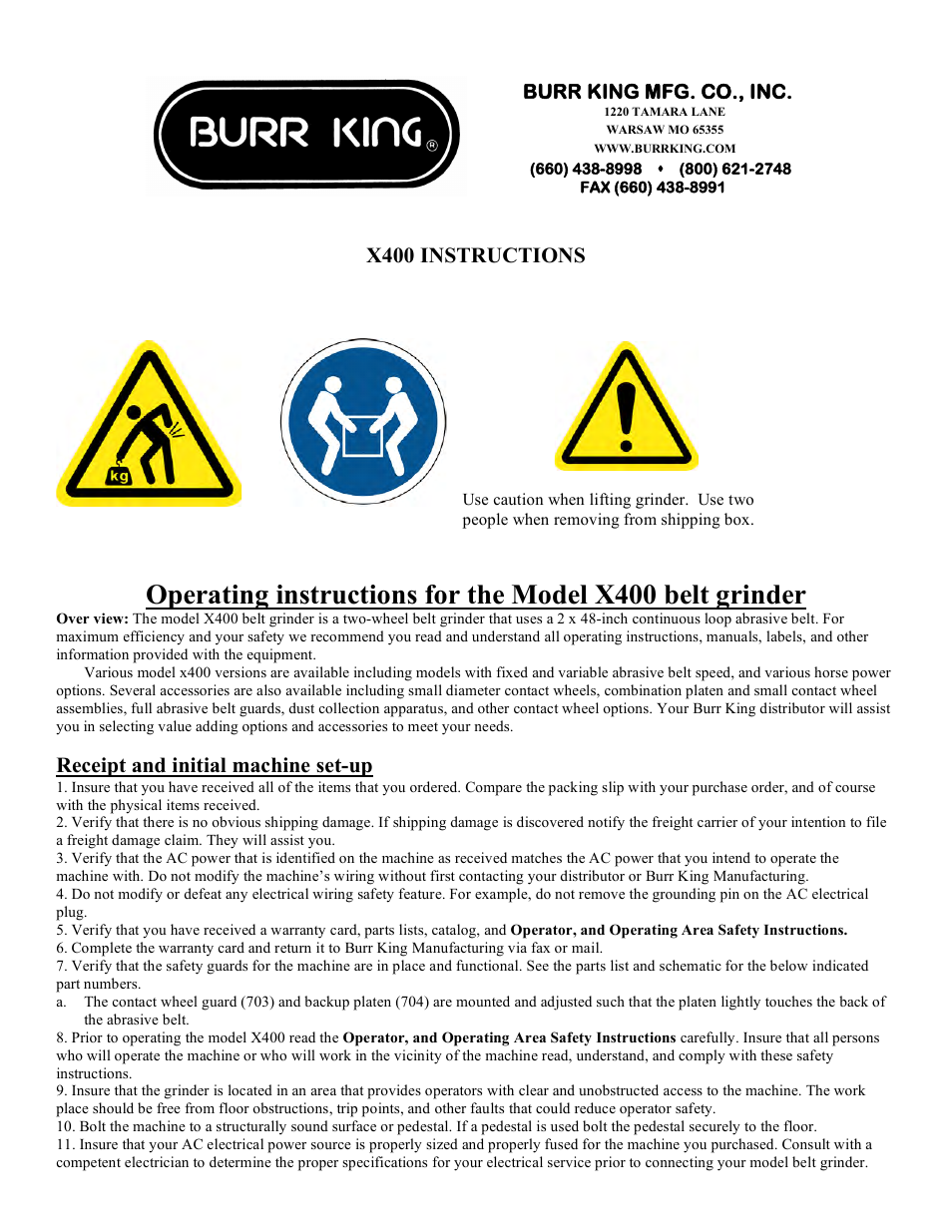 X400 instructions, Receipt and initial machine set-up | Burr King Model X400 User Manual | Page 9 / 12