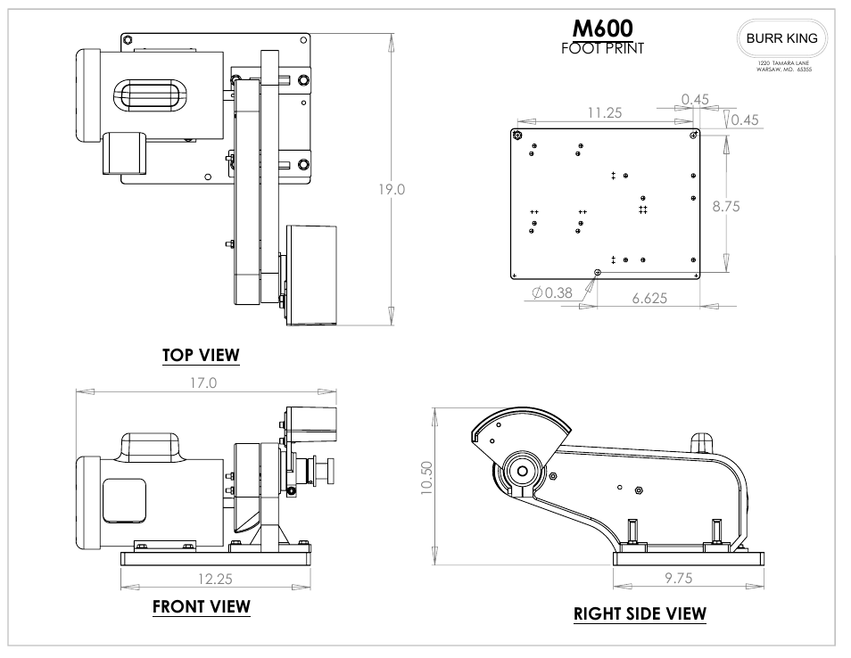 M600, Top view front view right side view | Burr King Model 800 User Manual | Page 13 / 20