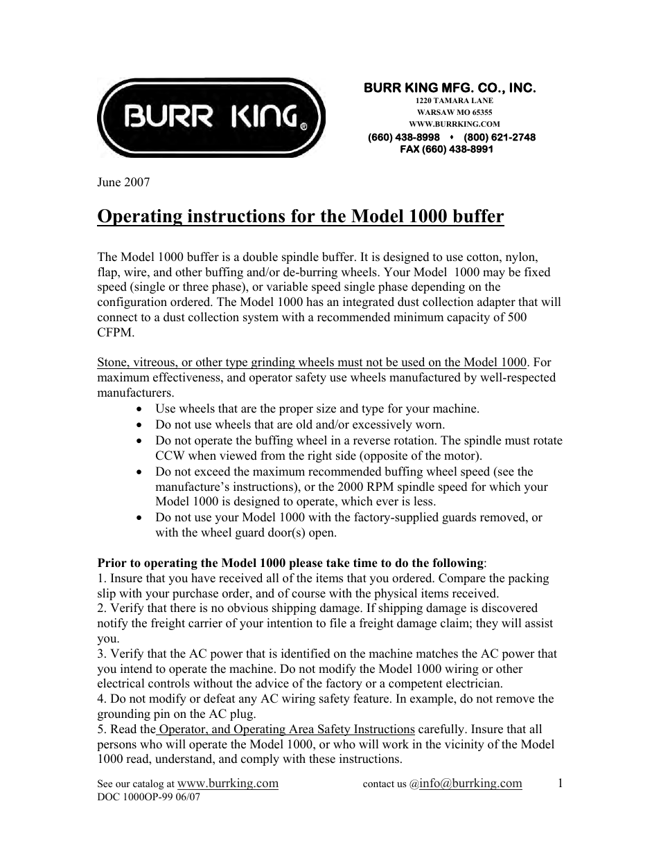 Operating instructions for the model 1000 buffer | Burr King Model 1000 User Manual | Page 7 / 16