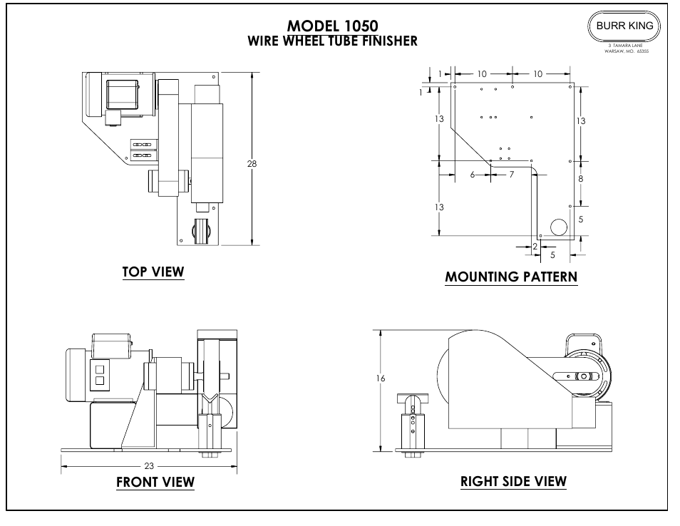 Model 1050, Front view, Right side view | Mounting pattern top view, Wire wheel tube finisher | Burr King Model 1050 Tube Finisher User Manual | Page 13 / 13