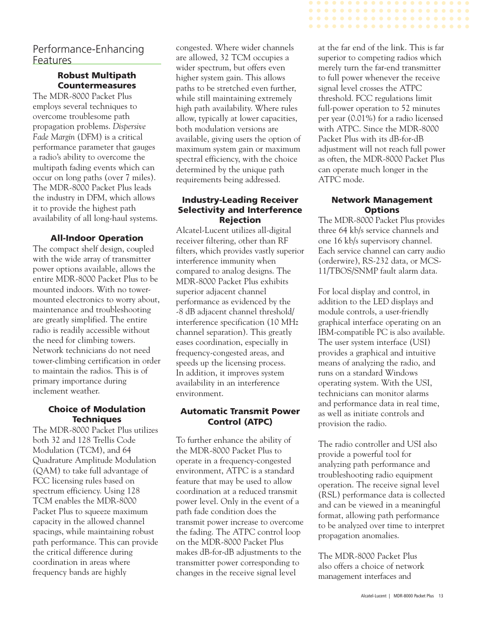 Performance-enhancing features | Alcatel-Lucent MDR-8000 User Manual | Page 13 / 16