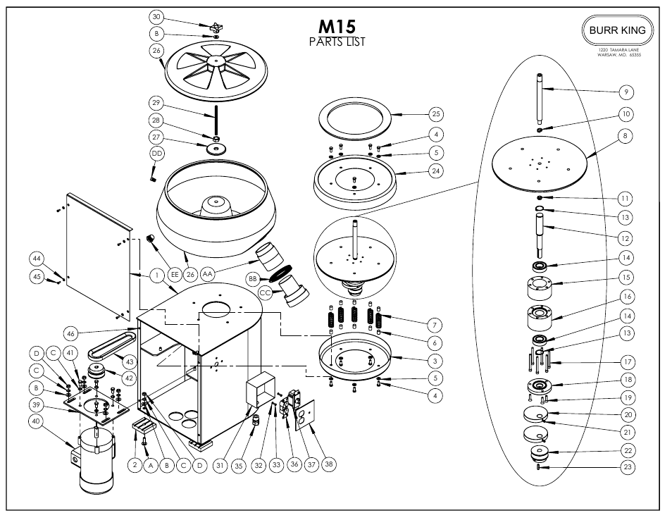 Parts list, Burr king | Burr King M15 CombiPak User Manual | Page 11 / 17
