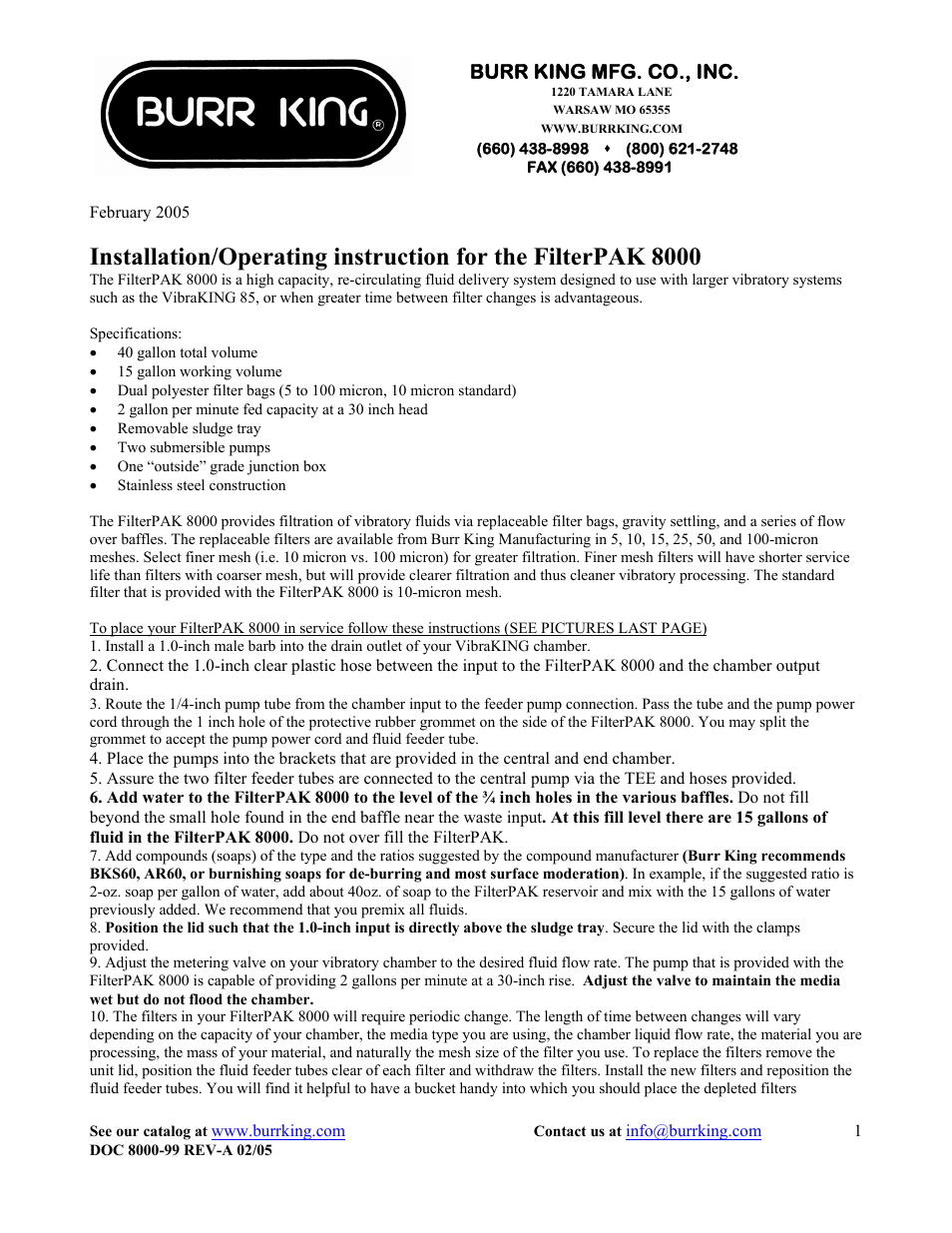 Burr King 8000 FilterPak User Manual | 4 pages